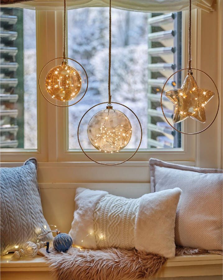 Lumineo Kerstster met jute touw en koperen ring 15 LED lampjes 26cm Amber glas