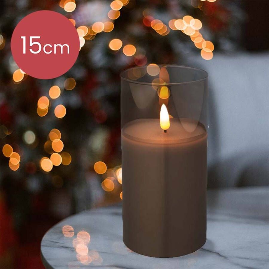 Lumineo LED kaars cedar bruin met rook glas en vlam effect 7 5 x 15cm voor binnen