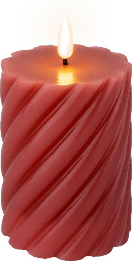 Lumineo LED Kaars swirl velours roze met vlam effect --met flikkerende vlam- Ø7 5x12 5cm werkt op batterij met timer