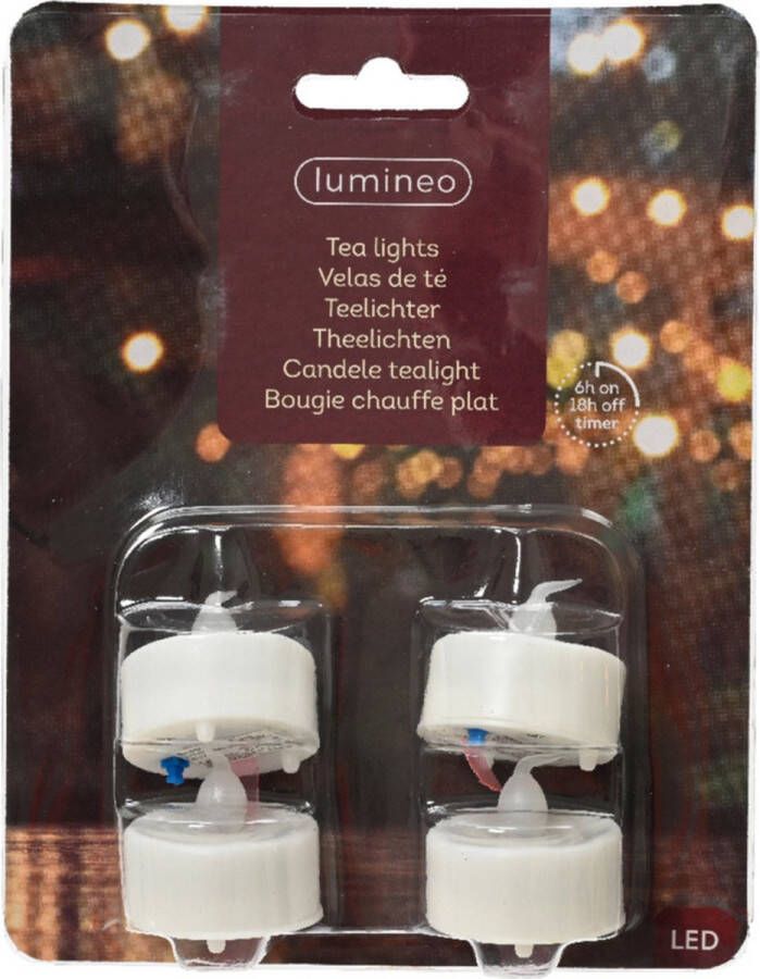Lumineo LED theelichtjes waxinelichtjes 4x st wit 3 6 x 3 6 cm steady warm wit timer