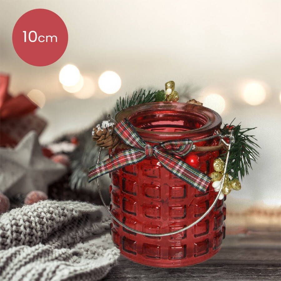 Lumineo Rode glazen waxinelichthouder met geblokt patroon en versiering Ø8 x 10 cm kerstdecoratie kerst luxe theelichthouder voor kaarsjes