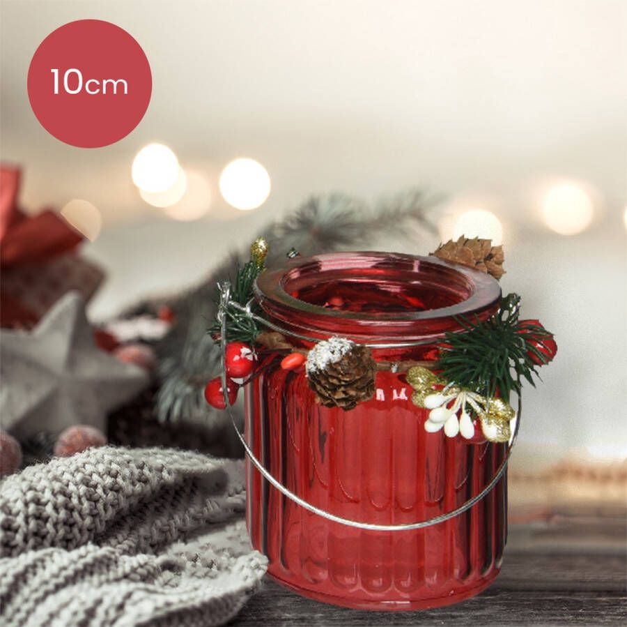 Lumineo Rode glazen waxinelichthouder met ribbels en versiering Ø8 x 10 cm kerstdecoratie kerst luxe theelichthouder voor kaarsjes