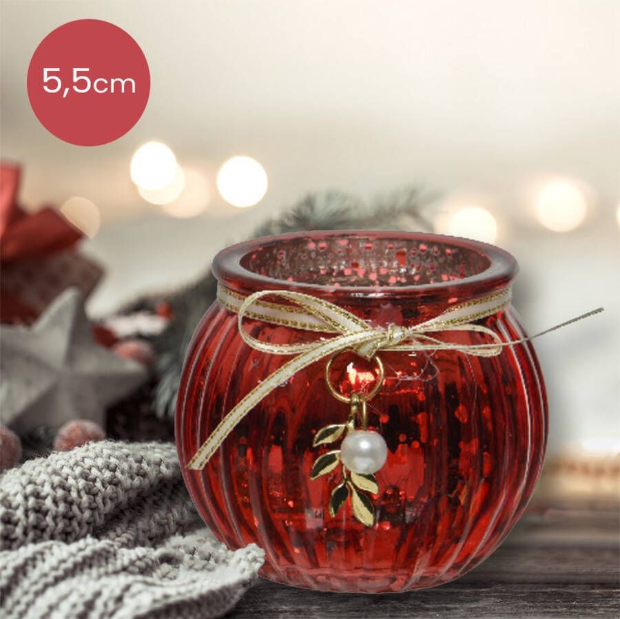 Lumineo Rode glazen waxinelichthouder met takje Ø6 5 x 5 cm kerstdecoratie kerst luxe theelichthouder voor kaarsjes