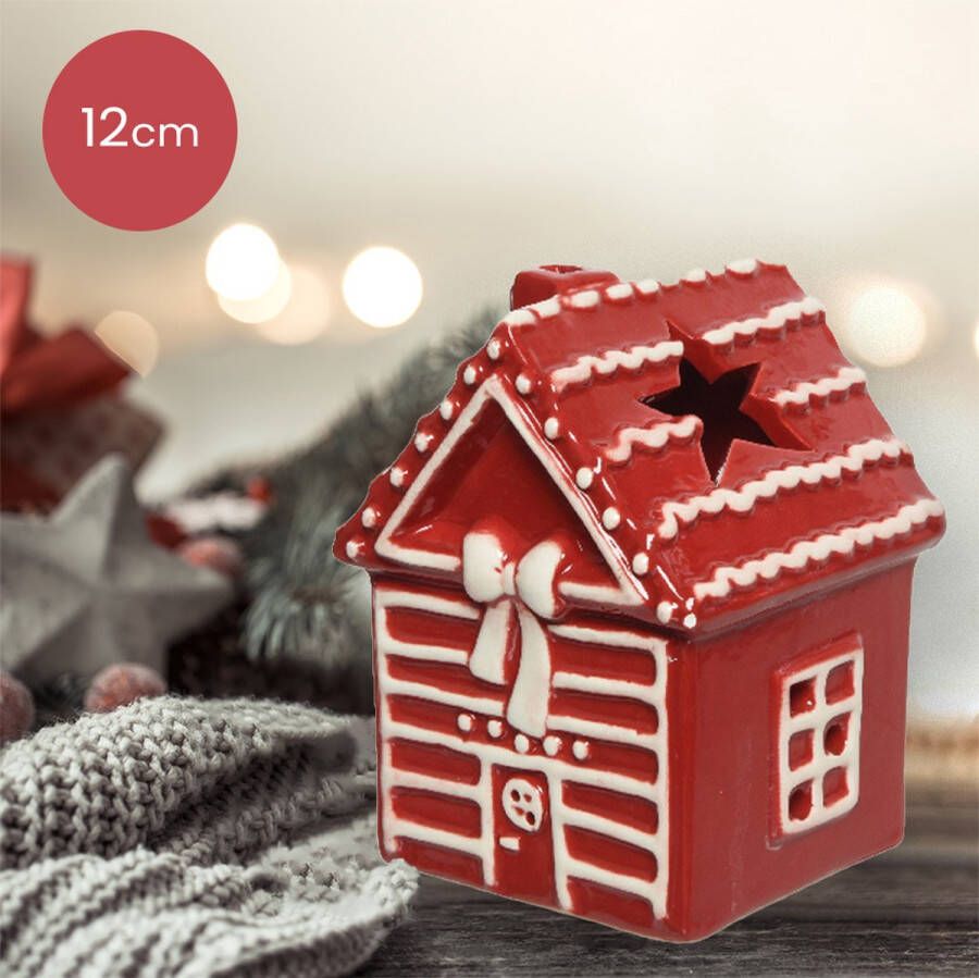 Lumineo Rode waxinelichthouder huisje met geribbeld dak van dolomiet 12cm kerstdecoratie kerst luxe theelichthouder voor kaarsjes
