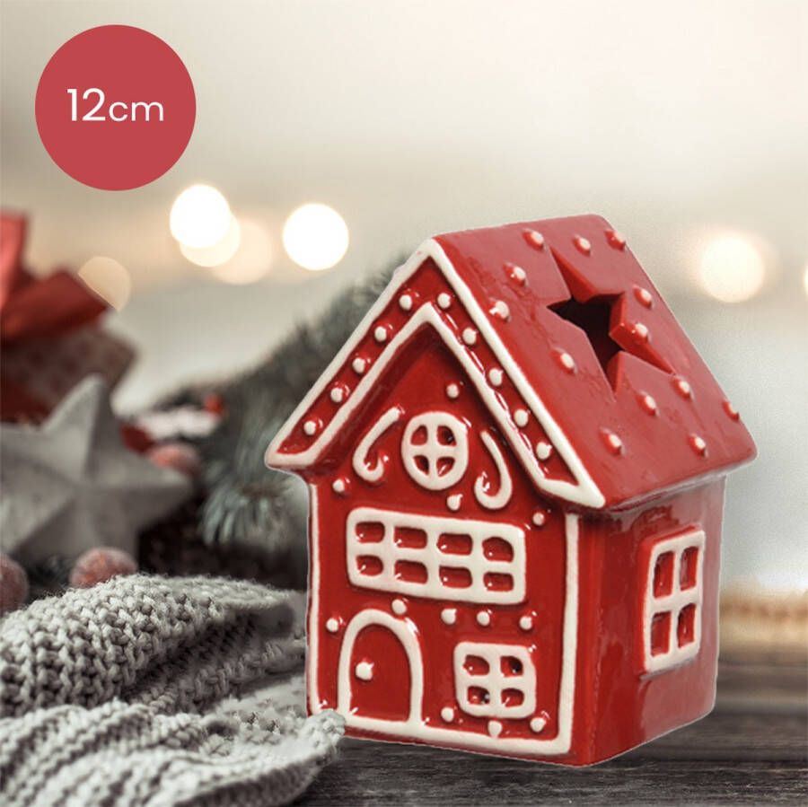Lumineo Rode waxinelichthouder huisje met Stippen dak van dolomiet 12cm kerstdecoratie kerst luxe theelichthouder voor kaarsjes