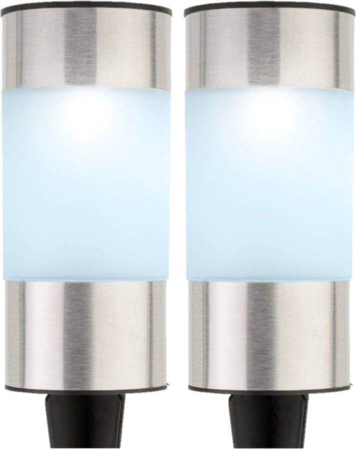 Lumineo Set van 10x stuks solar tuinlamp prikspot cilinder op zonne-energie 14 cm koel wit prikspots tuinverlichting