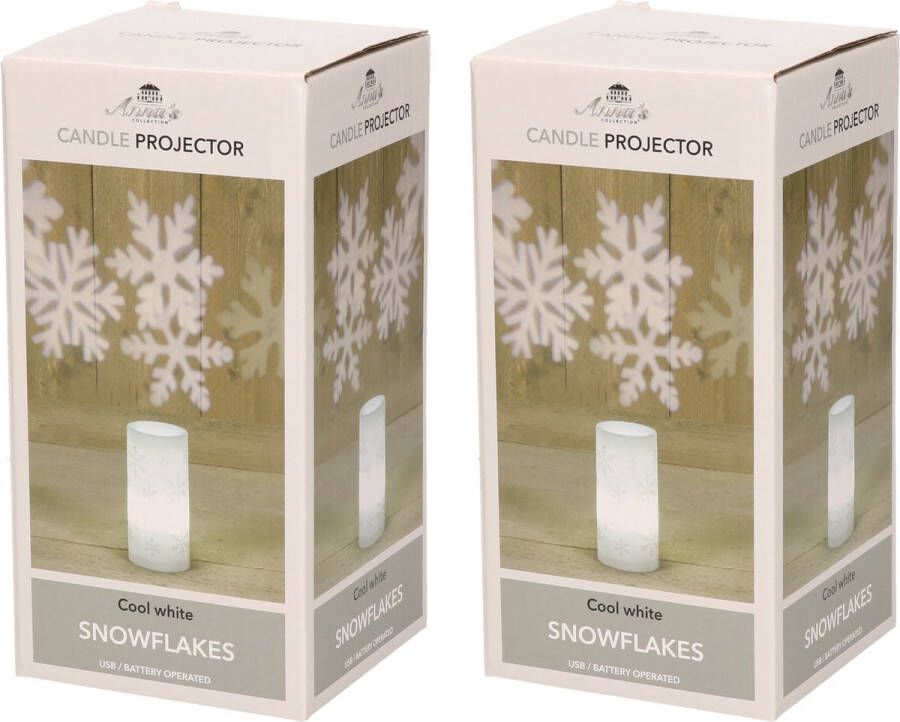 Lumineo Set van 2x stuks LED kaarsen met sneeuwvlok projector 7 x 15 cm LED kaarsen Kerstversiering woondecoratie