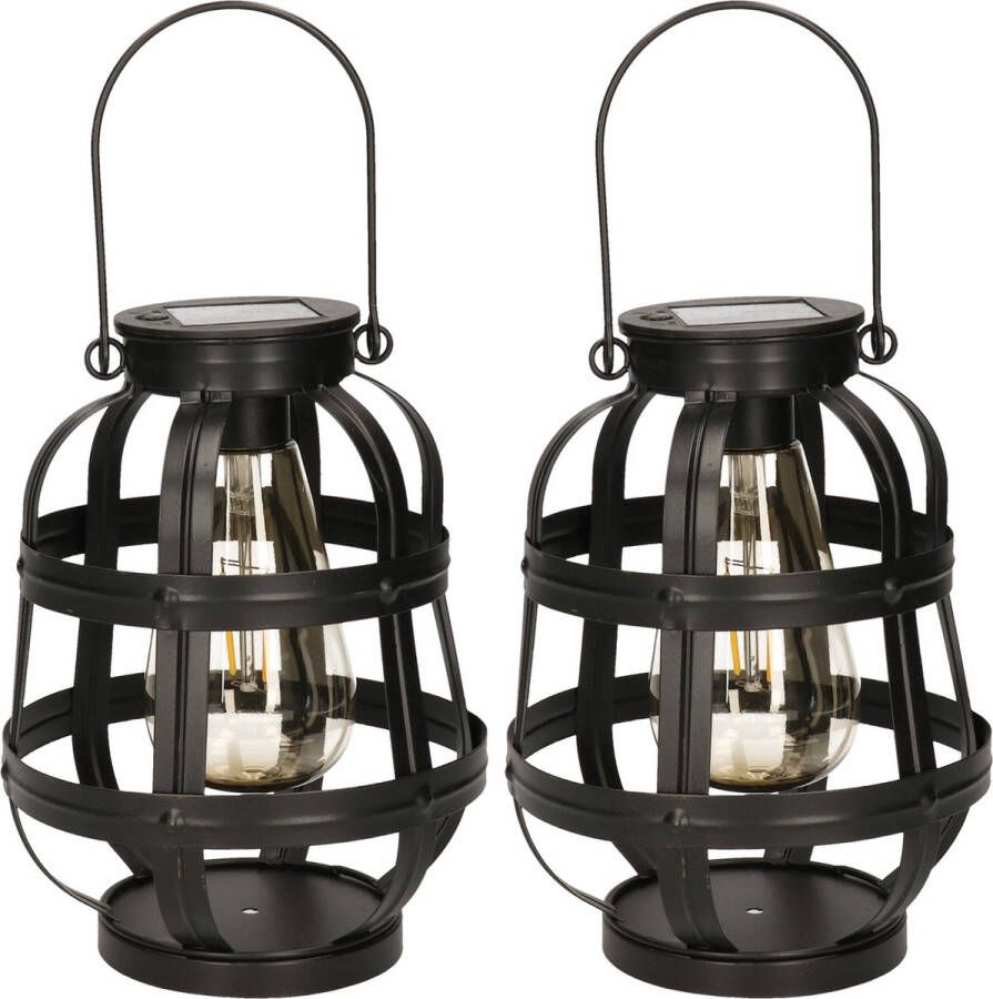 Merkloos Sans marque Set van 2x stuks solar lantaarn metaal zwart met hengsel 18 5 cm Tuinlantaarns Solarverlichting Tuinverlichting