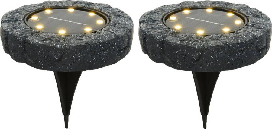 Lumineo Solar grond prikspot tuinspot 2x kunststeen steengrijs 11 x 2 cm