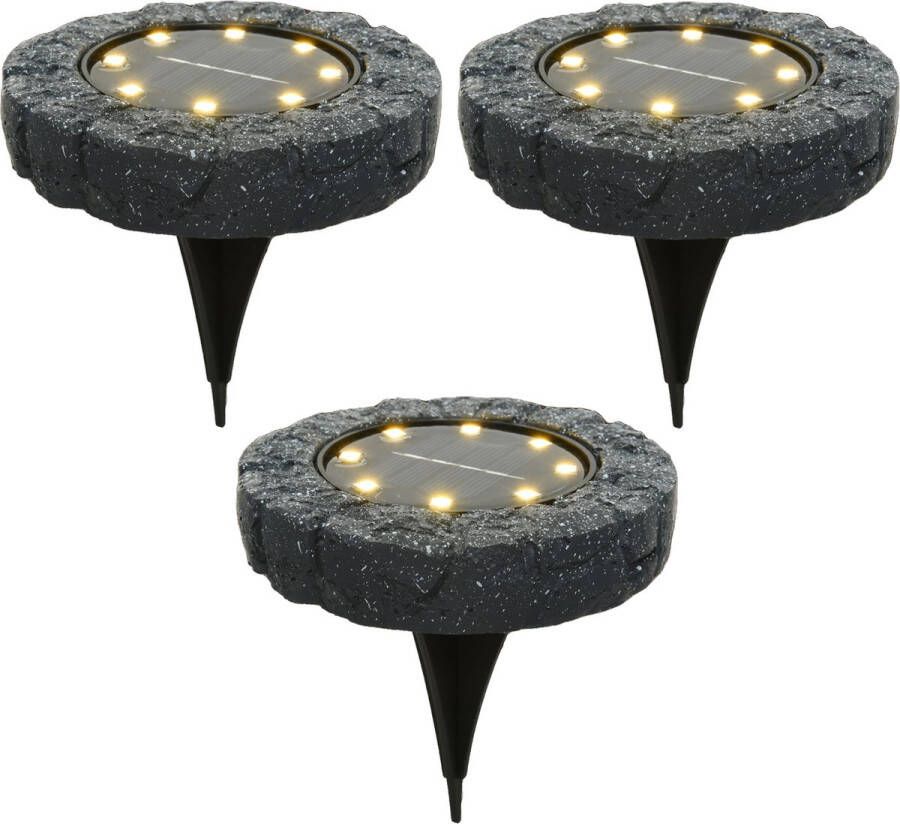 Lumineo Solar grond prikspot tuinspot 3x kunststeen steengrijs 11 x 2 cm