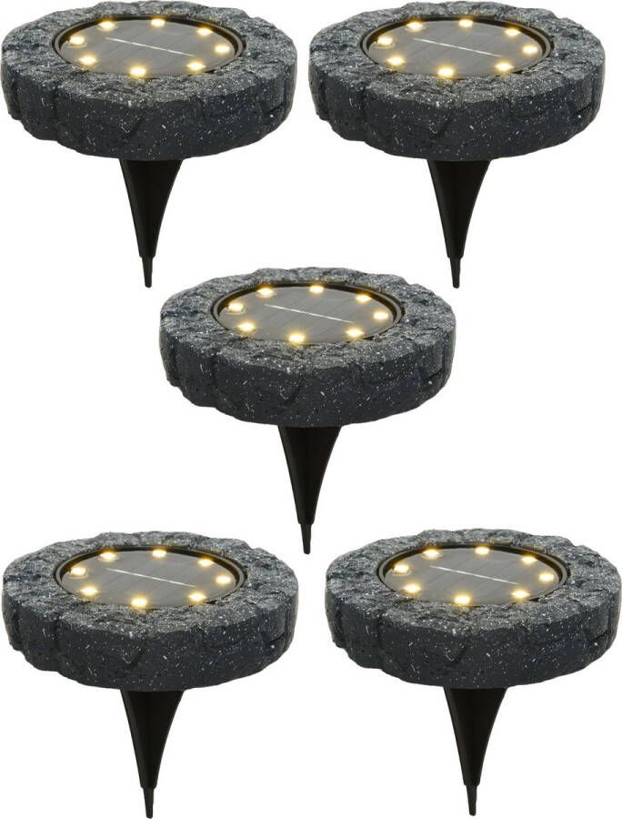 Lumineo Solar grond prikspot tuinspot 5x kunststeen steengrijs 11 x 2 cm