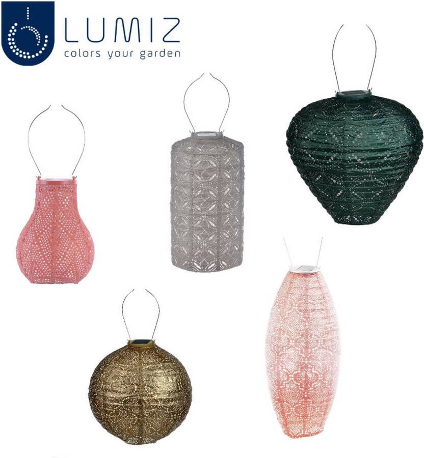 LUMIZ Solar Buitenlamp Buitenverlichting Lampion Buitenverlichting zonne energie Solar Tuinverlichting Villandry Setg 5 stuks Goud Licht Taupe Groen Roze Oranje