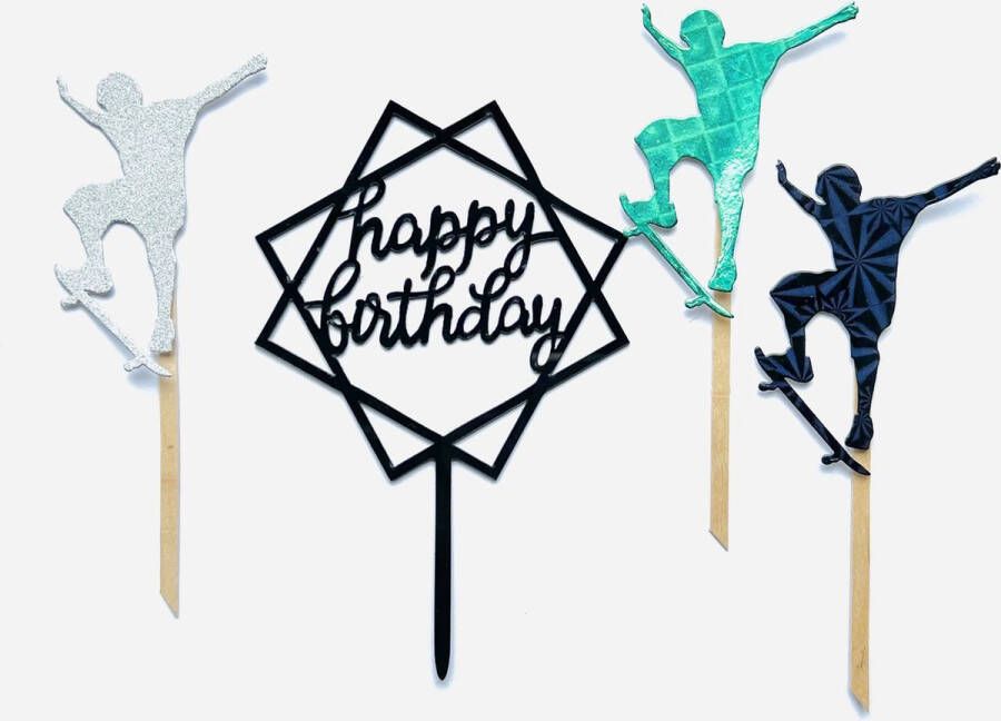 Lunchprikkers.nl Skateboard Skater Happy birthday taart vlag taart topper taart decoratie verjaardag versiering prikkers met versiering taartversiering