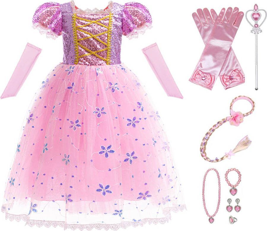 Lunja prinsessenjurk meisje verkleedjurken meisjes verkleedkleren kind prinsessen verkleedkleding haarband met blonde vlecht handschoenen toverstaf roze