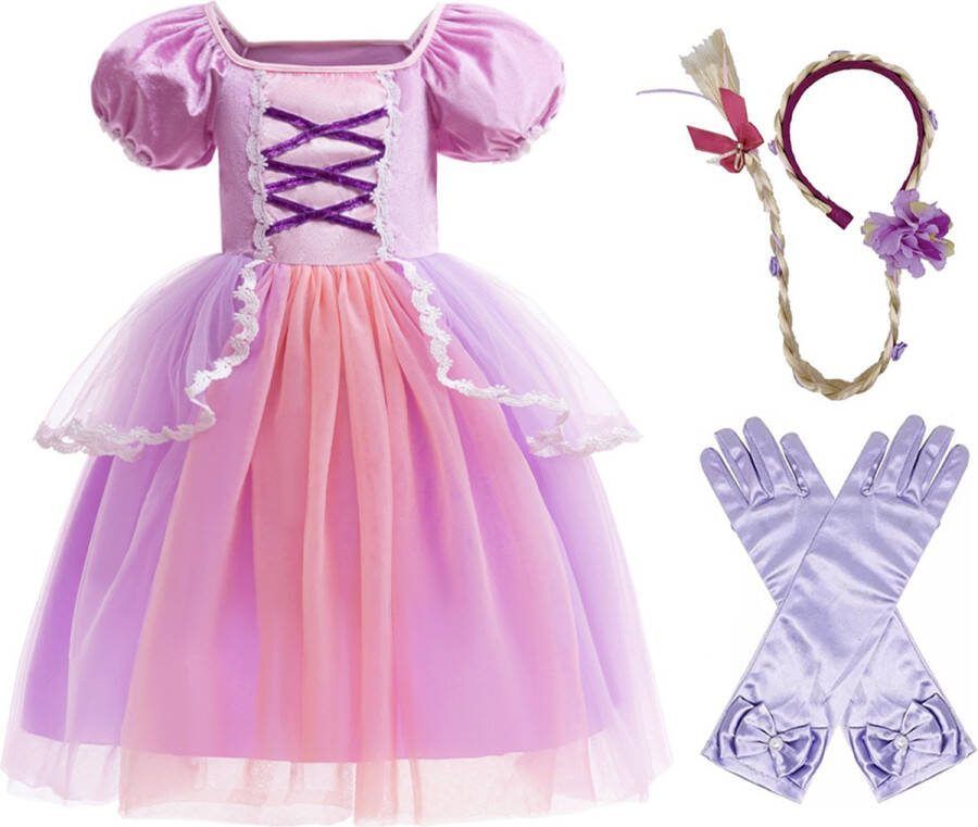 Lunja prinsessenjurk meisje verkleedjurken meisjes verkleedkleren kind prinsessen verkleedkleding inclusief haarband met lange blonde vlecht lange prinsessenhandschoenen