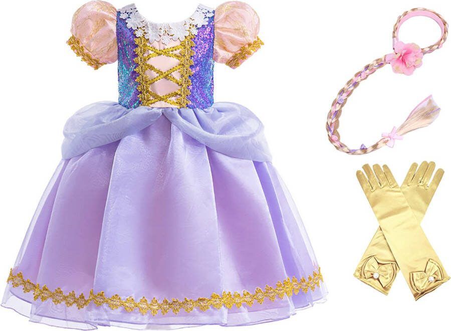 Lunja Prinsessenjurk meisje Verkleedkleding 110 116 Carnavalskleding kind prinsessen verkleedkleren Haarband met vlecht Handschoenen Paars