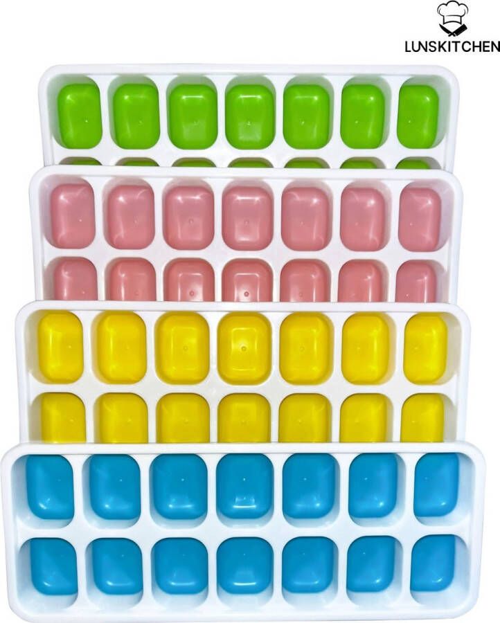 Lunskitchen Siliconen IJsblokjesvorm met deksel (4 Stuks) 56 ijsblokjes Herbruikbaar Duurzaam Vierkant Blauw Groen Geel Roze