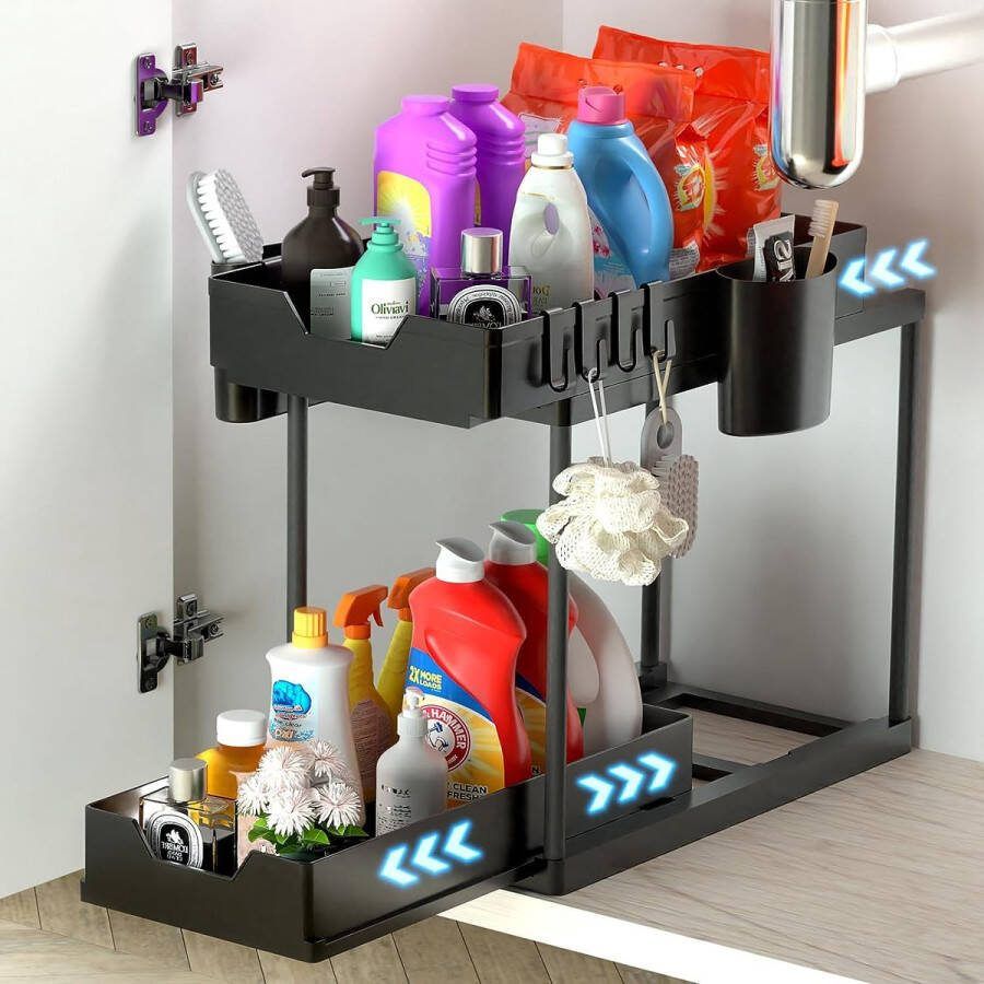 Lux* Lux- Keukenkast organizer-Uitschuifbaar- 2 schuiflades Keukenkast Gootsteenkast Organizer Aanrecht Organizer – Keuken Organizers Kast Organizer Zwart Under sink Organizer Keukenrek Badkamer Organizer
