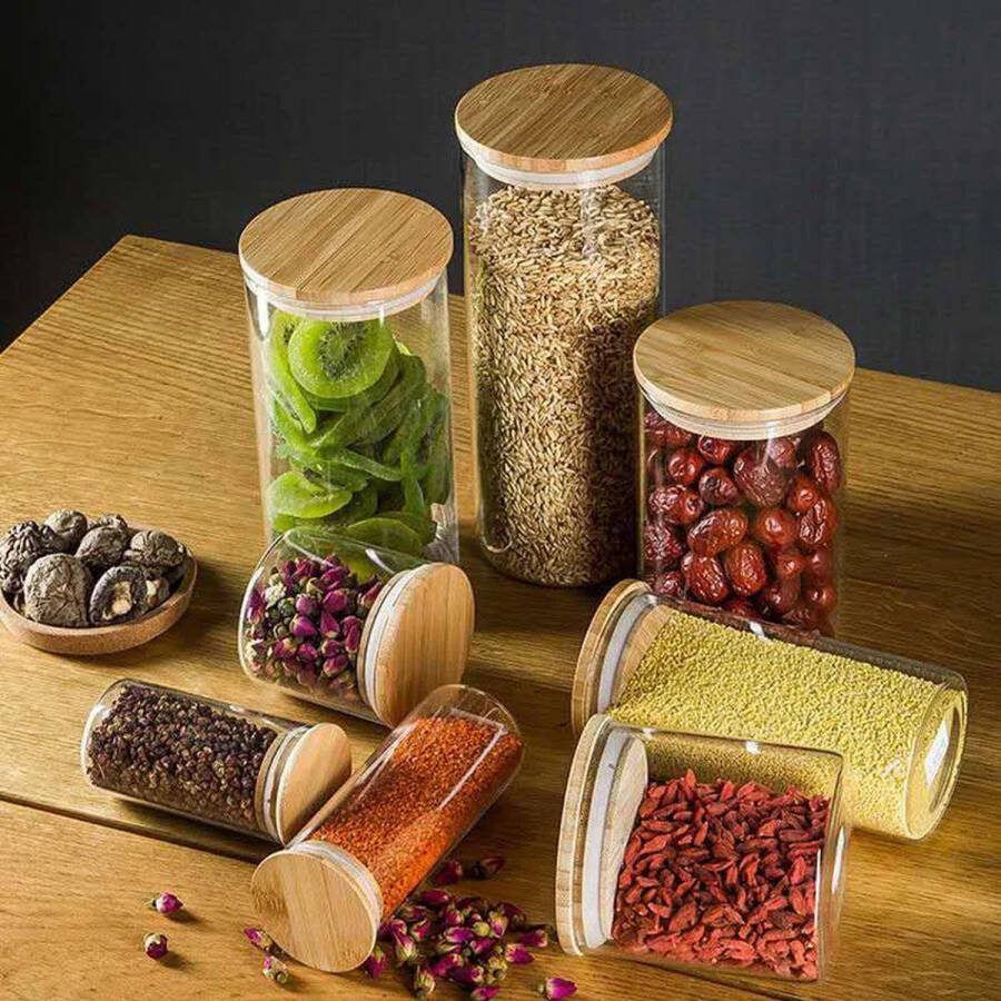 LUXALIVING Glazen voorraadpotten 9 stuks Luchtdich- Bamboe hout BPA Vrij -Keukenaccessoires Opbergpot Opslagpot Snoeppot Voorraadbus Voedsel opbergers