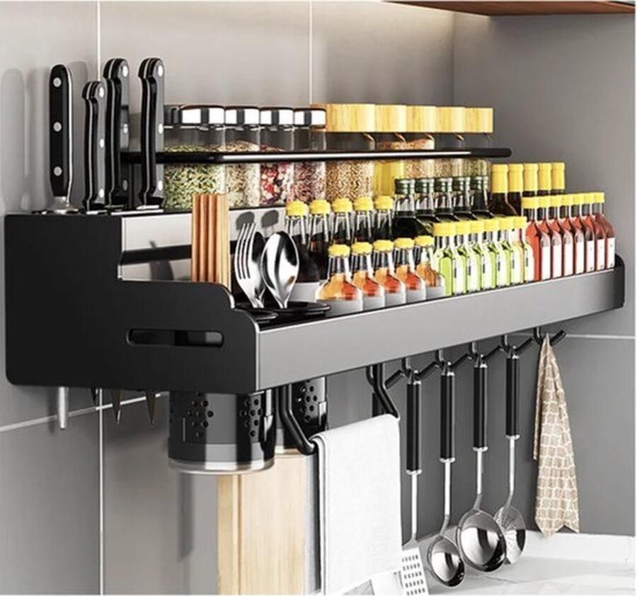 LUXALIVING Keukenrek Hangend Ophangbaar – Messenrek Messenhouder Wandrek Met of Zonder boren – Keuken Organizer Kruidenrek Zwart 40cm