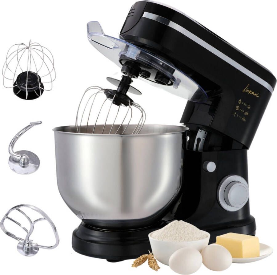 Luxari Keukenmachine – Incl. Spatscherm 3 Opzetstukken – 6 Snelheden 6L Mengkom 1500W Keukenrobot Foodprocessor Keukenmixer Zwart