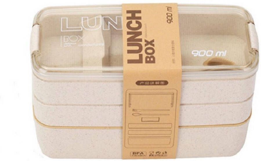LuxeBass 3-delig Bento Lunchbox Lunchtrommel met Bestek Luchtdicht Lekvrij L18.5*B11.4*H8.2 CM 900ML Magnetron- en Vaatwasserbestendig BEIGE MS-37