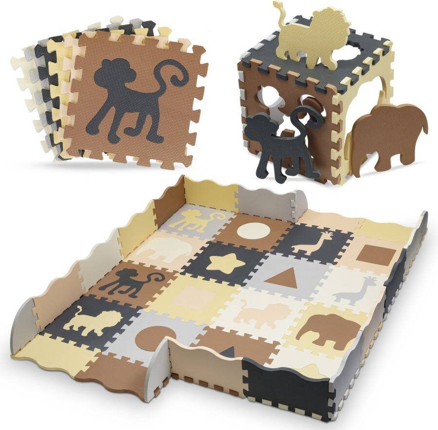 Luxema Speelmat Speelkleed Speelmat Baby Foam Puzzelmat met Dieren Extra dik 1 4 cm 52-delig 8 Figuren 6 kleuren Bruin Beige Zalm Geel Grijs Lichtgrijs Sinterklaas
