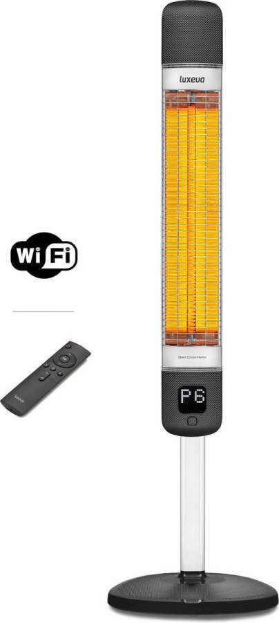 Luxeva Smart FR WIFI 2500 WATT Elektrische Terras Verwarming Bedienen via je Mobiel WIFI Binnen en Buiten Regenbestendig IP55 Staand Infrarood Kachel Zwart Timer + 6 Instelbare Warmtes Timer Gratis Beschermhoes erbij !