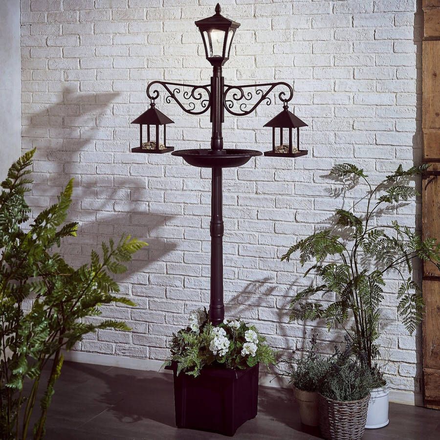 Luxform Lighting Solar Luxform Dual Powered Lantaarnpaal met vogelbad voederplank en plantenbak