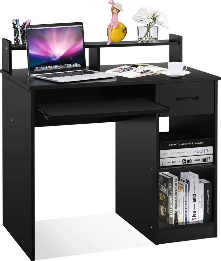 LUXGOODS bureau computer bureau smalle kantoortafel schrijfbureau met opslag lade planken en uittrekbare toetsenbord lade thuis kantoormeubilair studeer werkplek 90 x 48 x 91 5cm (Wit)