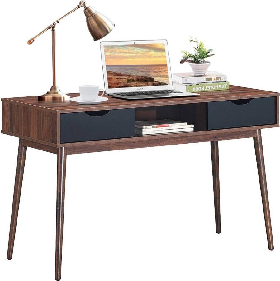 LUXGOODS® LUXGOODS Computer bureau voor thuiskantoor Natuurlijke Mid eeuwse schrijftafel met 2 lades Ergonomische hoogte Ruim bureaublad Stevige constructie