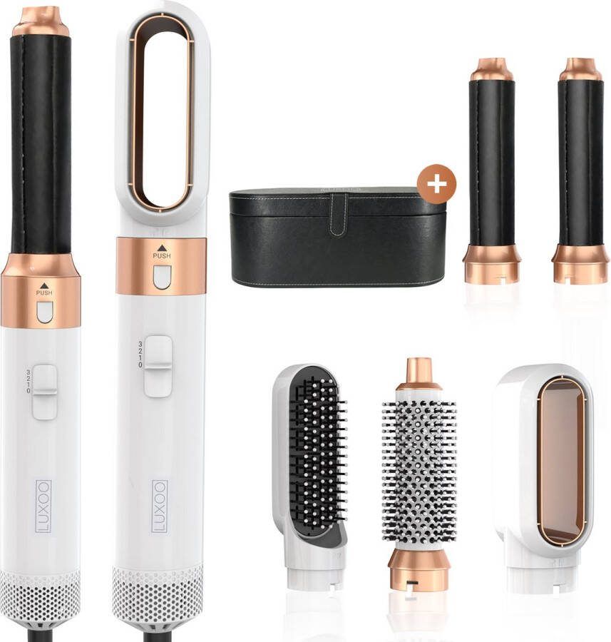 Luxoo Airstyler Krultang 5 in 1 Multistyler Föhnborstel Kort & Lang Haar Wit goud Inclusief leren opbergcase