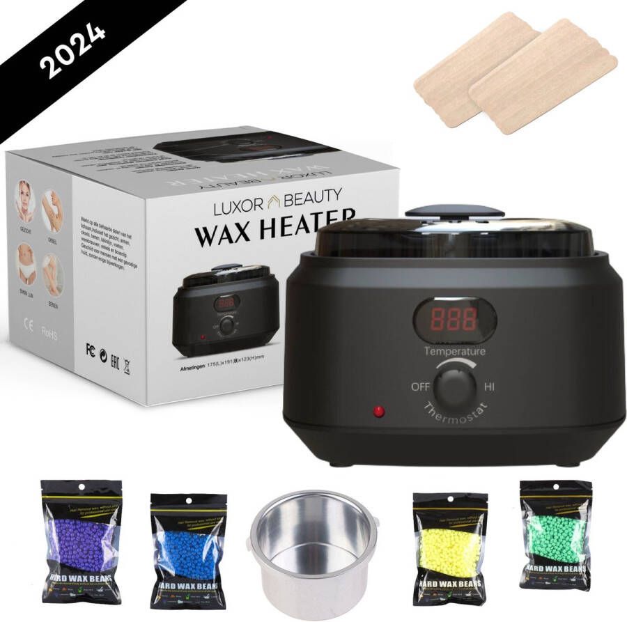 Luxor Beauty Professioneel Wax Apparaat Ontharingsapparaat LED display Geschikt voor ontharen van het hele lichaam Ontharen voor man en vrouw Inclusief 4 zakjes Wax Bonen 20 Spatels Aluminium en Siliconen Pot