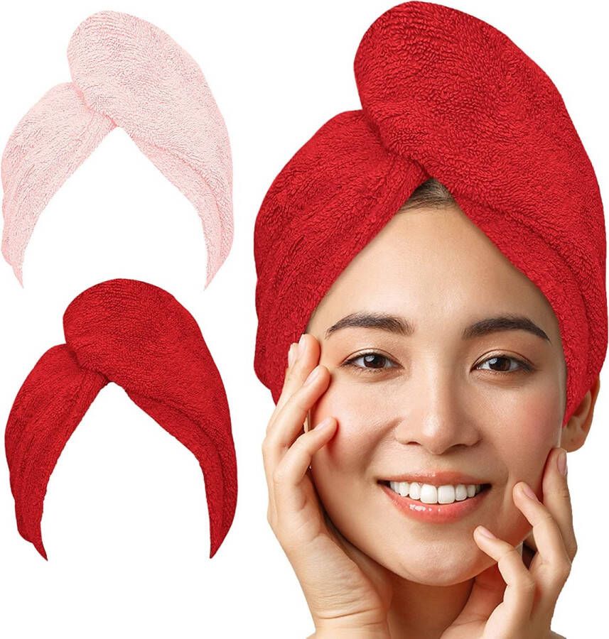LUXTOGO Haartulband – 100% katoen – premium kwaliteit haarhanddoek met knoop en elastisch – sneldrogende hoofdhanddoek tulband – super absorberend haarhanddoek tulband zonder microvezel (2 stuks roze + rood)