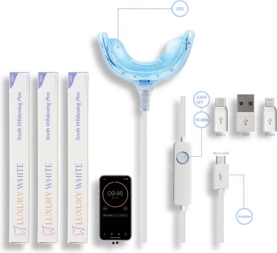 Luxury White Pro Led Set Thuis tanden bleken Whitening Kit Whitening Set Tandenbleek Set Tandenbleek Kit Led Tanden Wit Bitje Tanden Bleken Tandenbleekset Witte Tanden 100% veilig 0% Peroxide Natuurlijke Ingrediënten