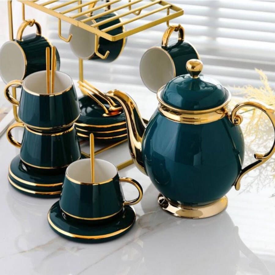 LuZana Thee- en koffieset – Theeservies – Koffieset – Theepot en 4 kopjes – Theepot kopjes en schotels – Luxe theeservies set – Donkerblauw groen en goud