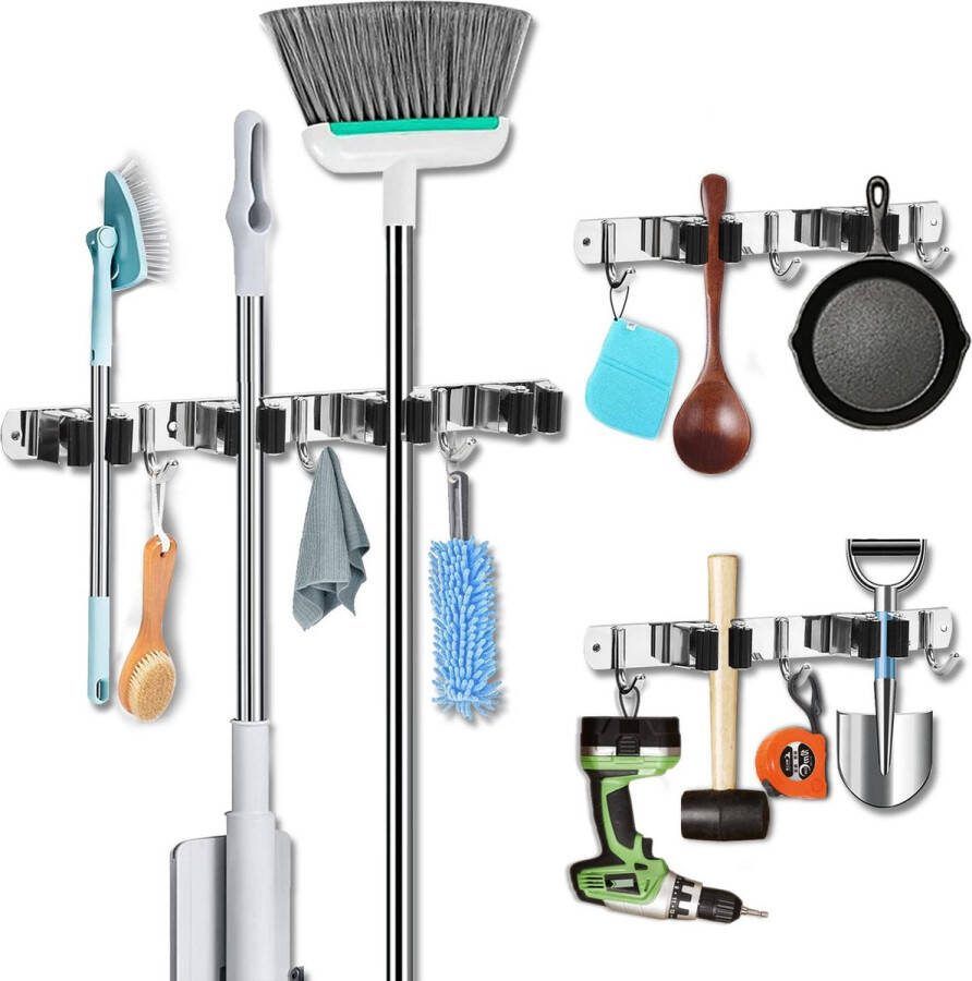 LUZOON Bezemhouder Wand 3 Stuks Gereedschapshouder Haaklijst Bezemhouder Tuingereedschap Houder Tuingereedschap (4 sleuven 3 haken + 2 * 2 sleuven 3 hakken) Zwart