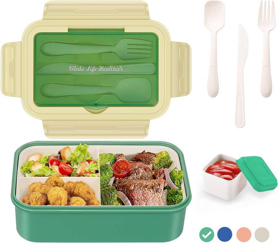 LUZOON Lunchbox met 3 vakken Groen 1400 ml Broodtrommel met bestek en extra bakje Snackbox voor school werk picknick Magnetron vaatwasserbestendig