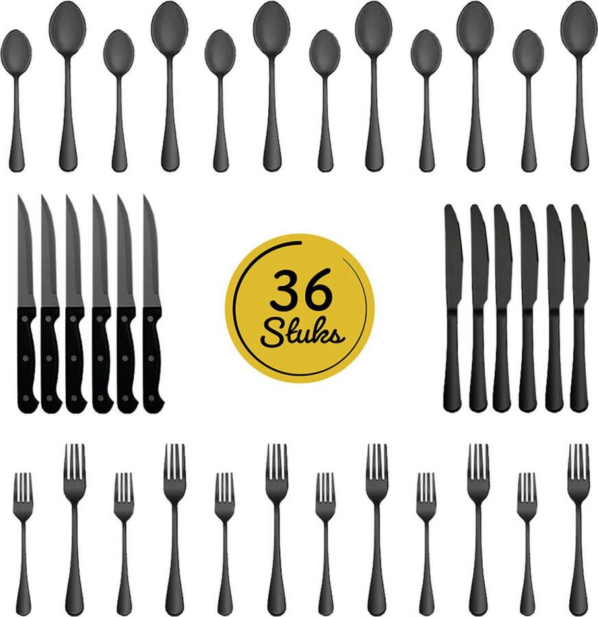 LW collection bestekset 6 persoons 36 stuks Zwart bestek set zwart vaatwasserbestendig Lepels Messen Vorken & Steakmessen
