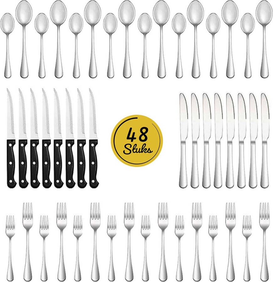 LW collection bestekset 8 persoons 48 stuks zilverkleurig bestek set zilver vaatwasserbestendig Lepels Messen Vorken & Steakmessen