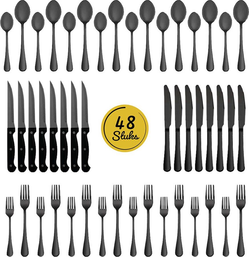 LW collection bestekset 8 persoons 48 stuks zwart bestek set zwart vaatwasserbestendig Lepels Messen Vorken & Steakmessen