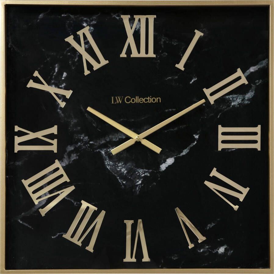 LW collection wandklok zwart goud 60cm Grote moderne marmeren glazen klok romeinse cijfers Vierkante muurklok glas stil uurwerk