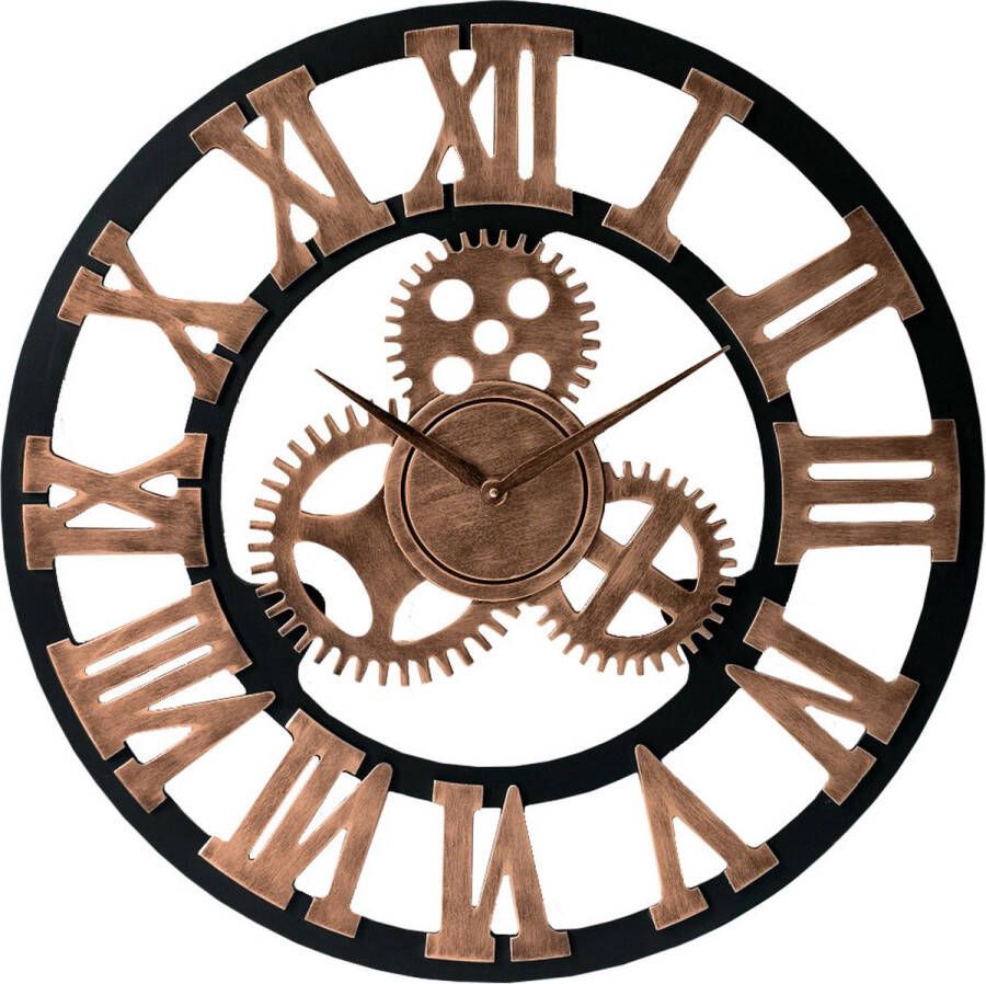 LW collection XL wandklok brons zwart 80cm industrieel grote industriële wandklok Houten klok met tandwielen Moderne wandklok Landelijke klok stil uurwerk