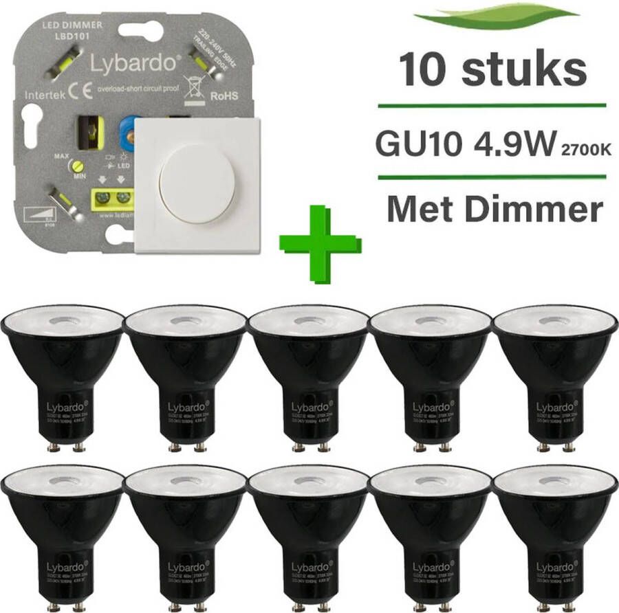 Lybardo GU10 LED lamp 10 pack 4.9W Dimbaar Warm wit licht + LED dimmer 0-150W met afdekplaat