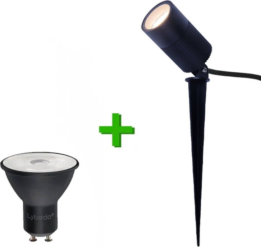 Lybardo Tuinspot Prikspot buiten Grondspot Napels Zwart IP65 Met snoer zonder stekker + GU10 LED spot 2.4 watt 2700K warm wit