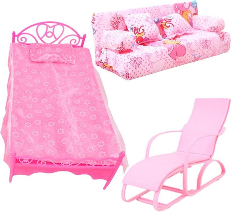 Lynn's poppen accessoires Set van 3 meubels Bed bank en stoel Geschikt voor o.a. Barbie pop