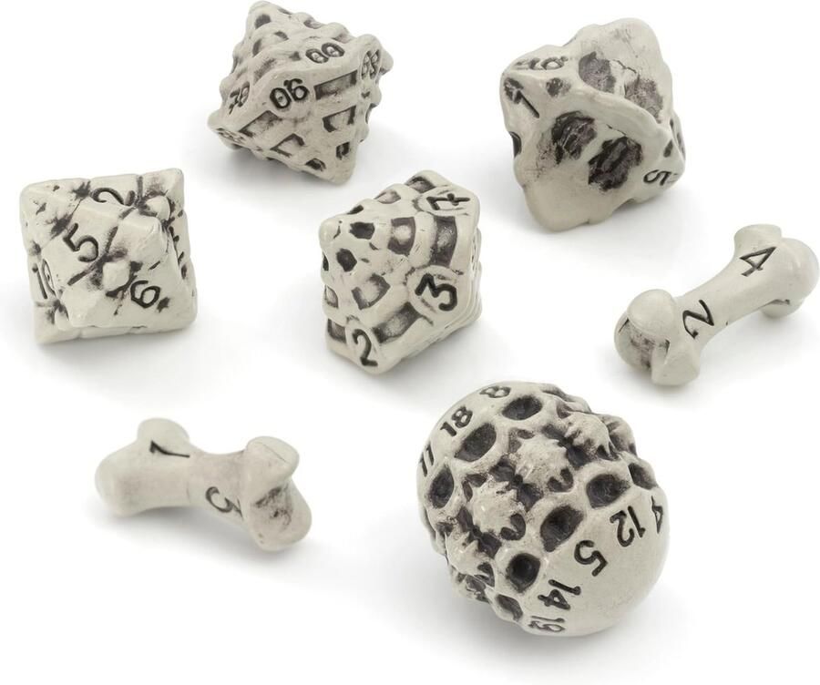 LYNX DND Dice Set van 7 Skull & Bone RPG Dobbelstenen D20 D12 %D10 D8 D6 & D4 zijdig. Ideaal voor Dungeons & Dragonsa Warhammer D&D Pathfinder D and D (Wit)