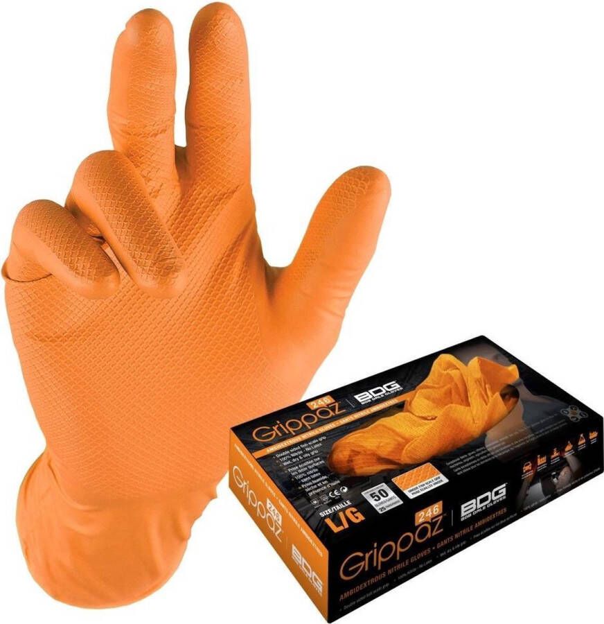 M-Safe Grippaz 2-zijdige draagbare nitril wegwerp handschoenen type 246 extra sterk oranje vishuidstructuur maat L 9 doosje à 50 stuks
