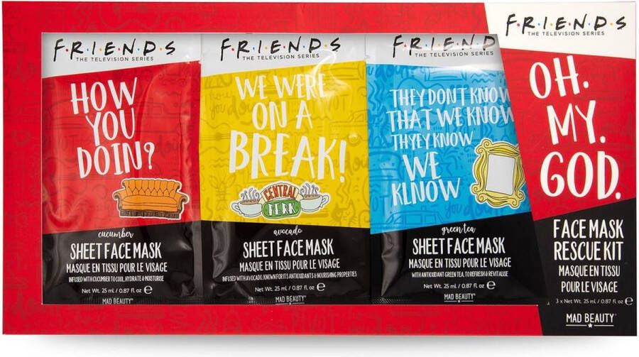 Mad Beauty Friends 3-pak Sheet Gezichtsmaskers Komkommer & Avocado & Groene Thee Friends TV-Show Merchandise
