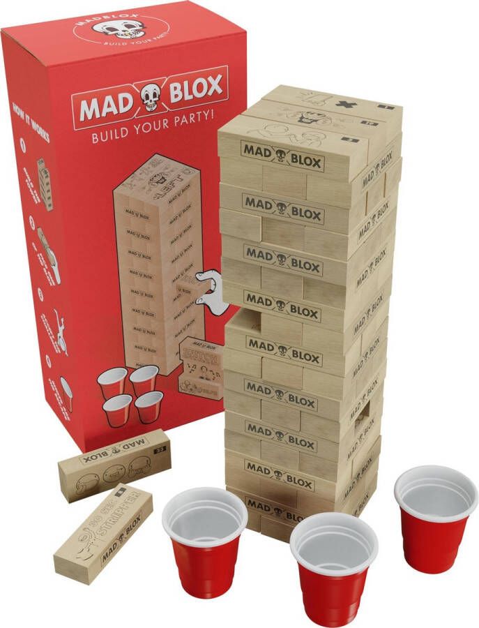 Mad Party Games MadBlox Drankspel – Drunken Tower – Tipsy Tower – Gezelschapsspel voor volwassenen Stapeltoren – Drank spelletjes 108 Originele opdrachten Met 10 shot cups Eikenhout